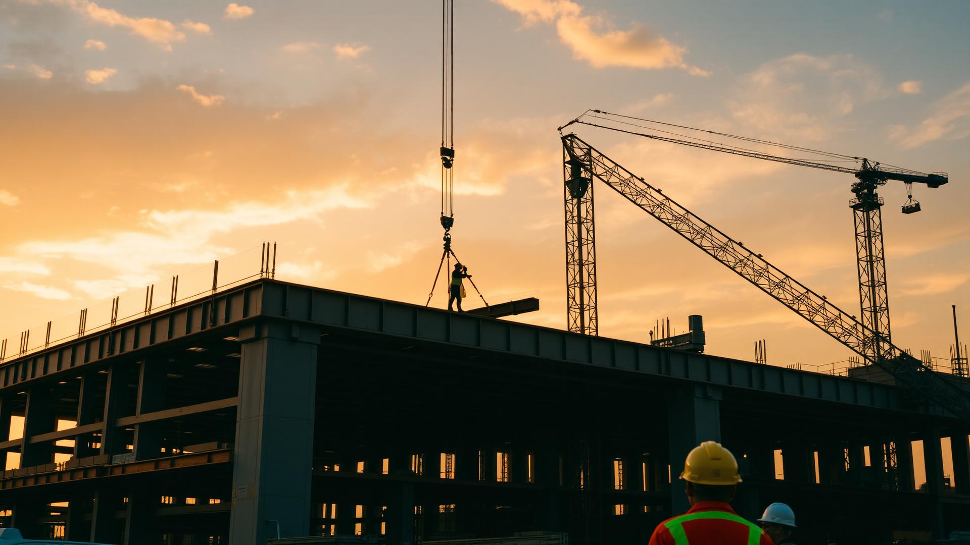 Construction site at golden hour with crane and steel beams